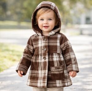 Old Navy girls 2T Plaid Brown White Pea Coat Jacket lined Button Up Very Nice